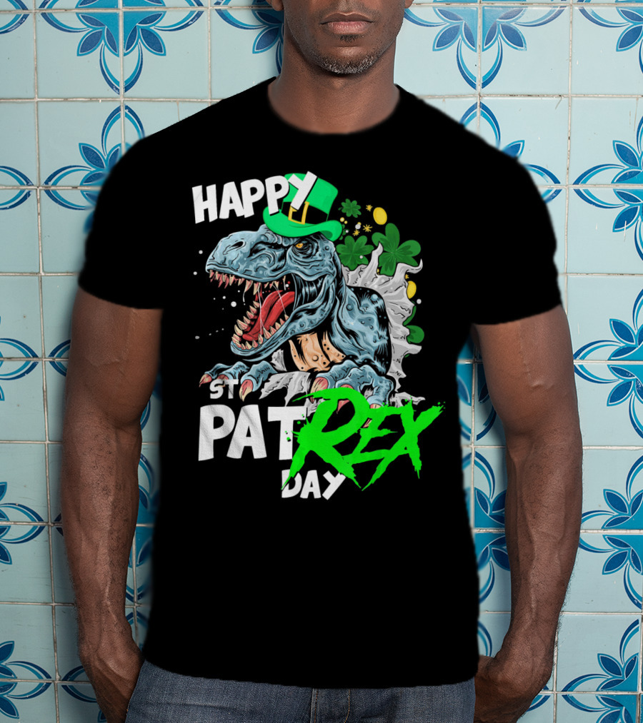 St Patricks Day Rex Happy Pat With Leprechaun Hat And Shamrocks T-Shirt