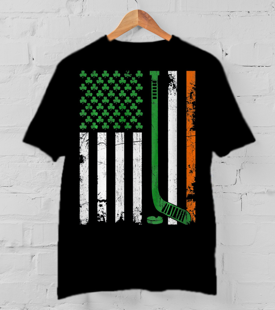 Irish American Flag Shamrock Hockey Stick T-Shirt