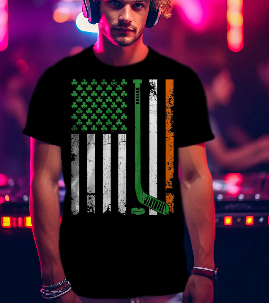 Irish American Flag Shamrock Hockey Stick T-Shirt
