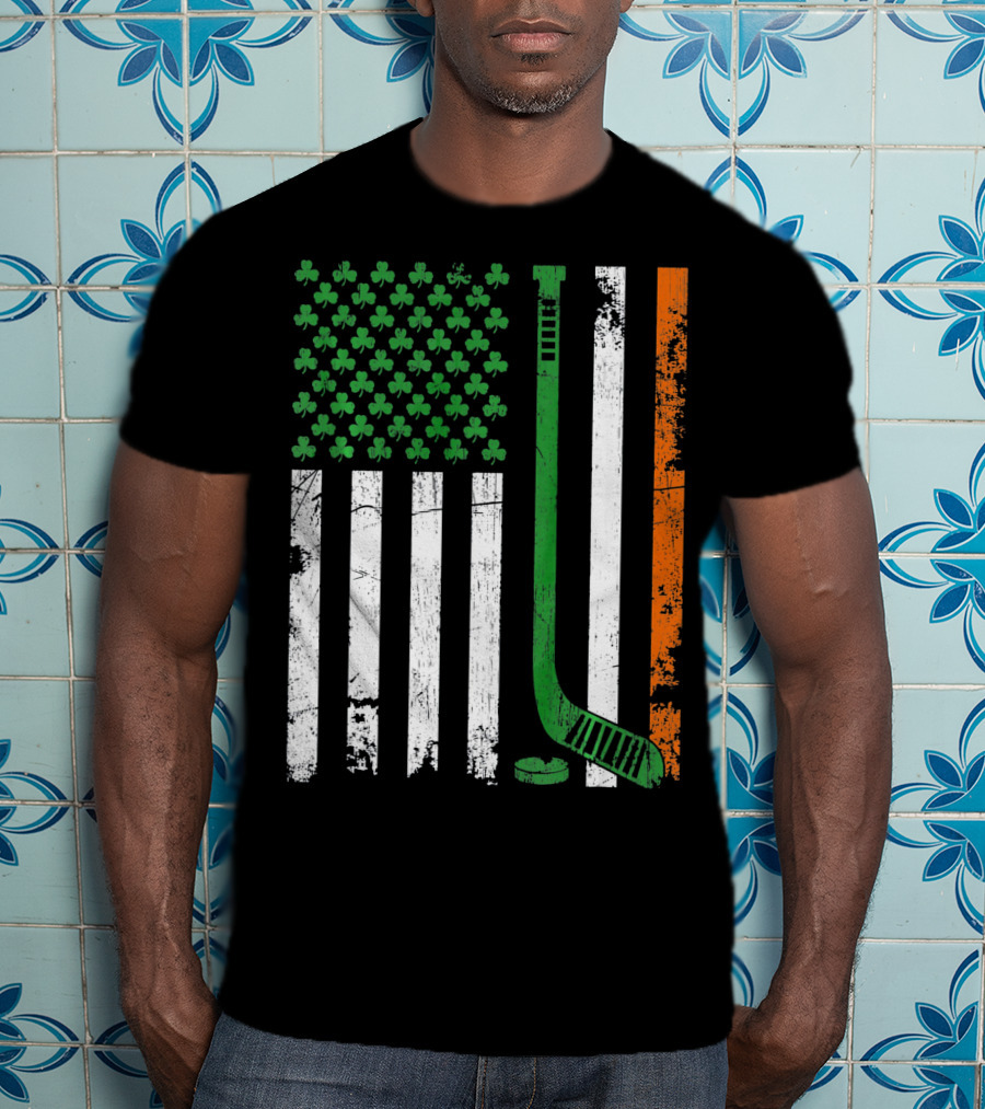 Irish American Flag Shamrock Hockey Stick T-Shirt