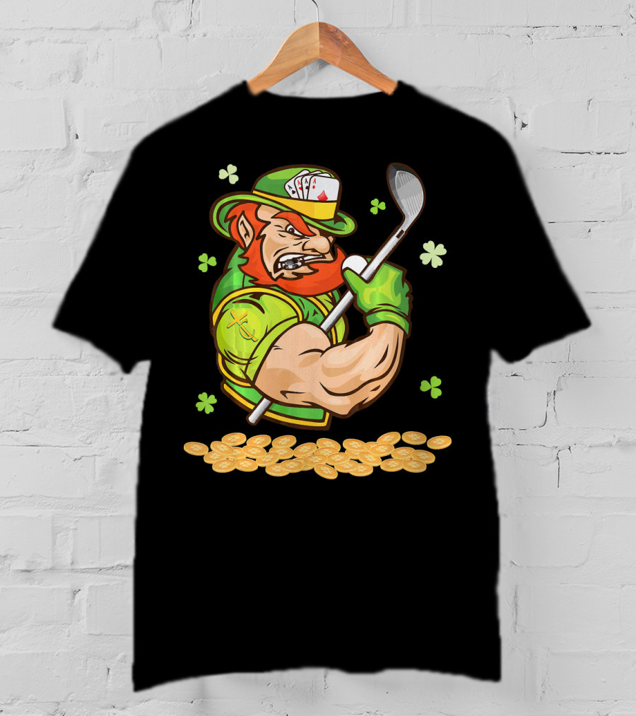 Leprechaun Swinging Golf Club Surrounded By Shamrocks And Gold Coins T-Shirt