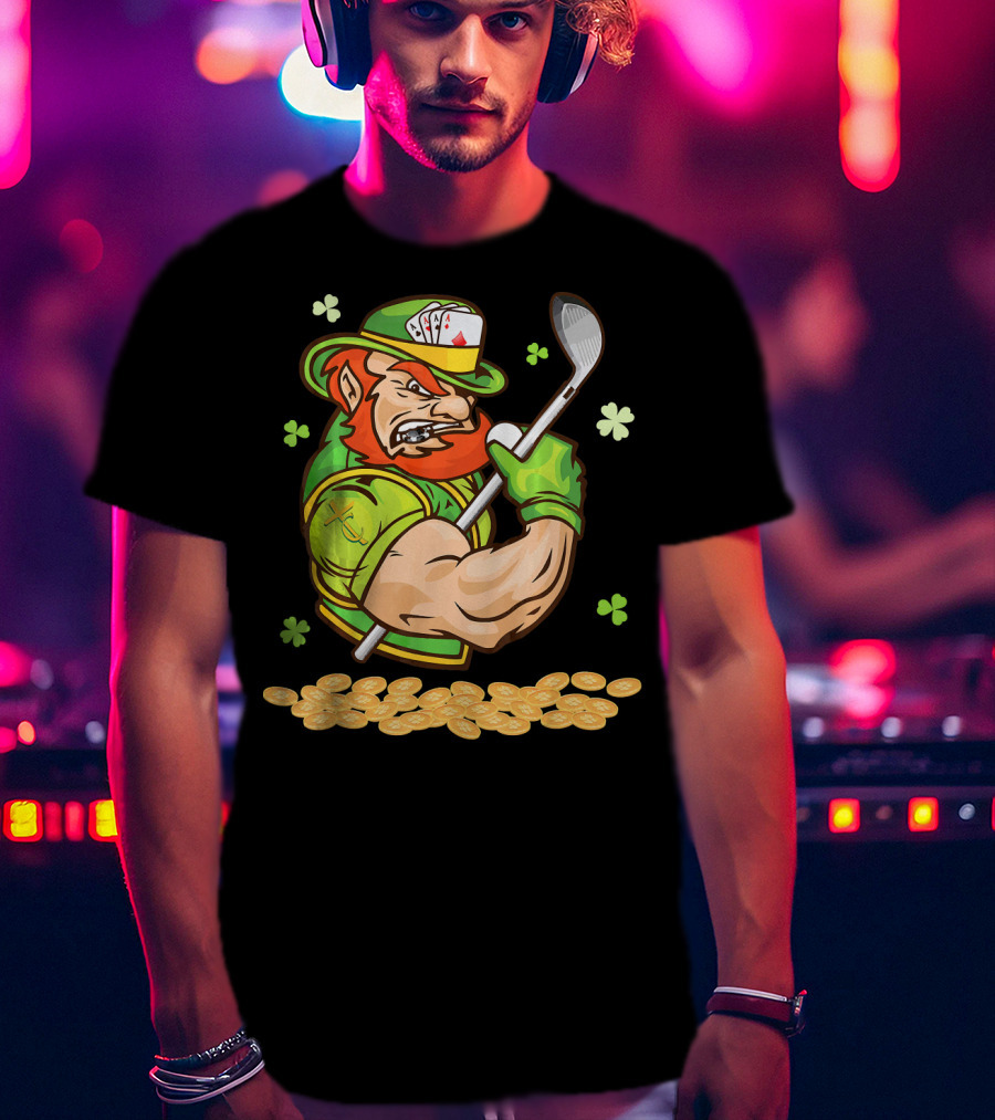 Leprechaun Swinging Golf Club Surrounded By Shamrocks And Gold Coins T-Shirt