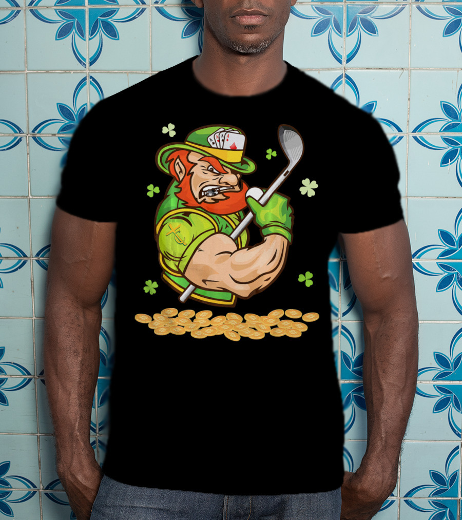 Leprechaun Swinging Golf Club Surrounded By Shamrocks And Gold Coins T-Shirt