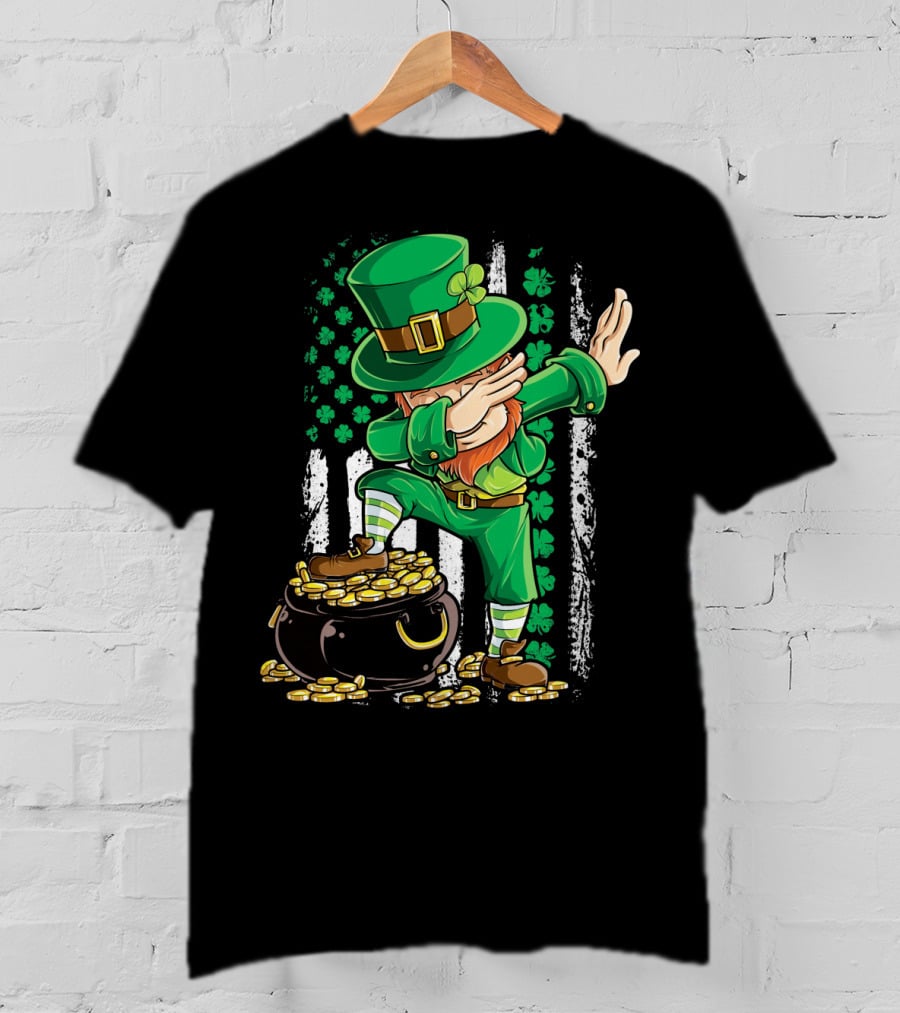 Dabbing Leprechaun With Shamrocks And Gold Coins Irish American T-Shirt