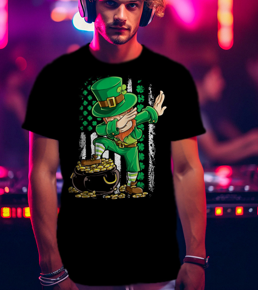 Dabbing Leprechaun With Shamrocks And Gold Coins Irish American T-Shirt