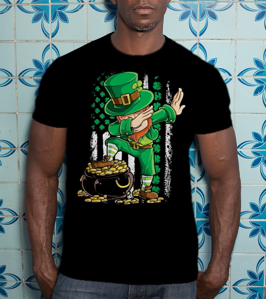 Dabbing Leprechaun With Shamrocks And Gold Coins Irish American T-Shirt