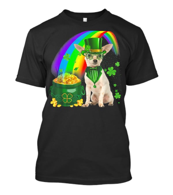 Chihuahua Irish Leprechaun With Shamrock And Rainbow Coin Pot T-Shirt