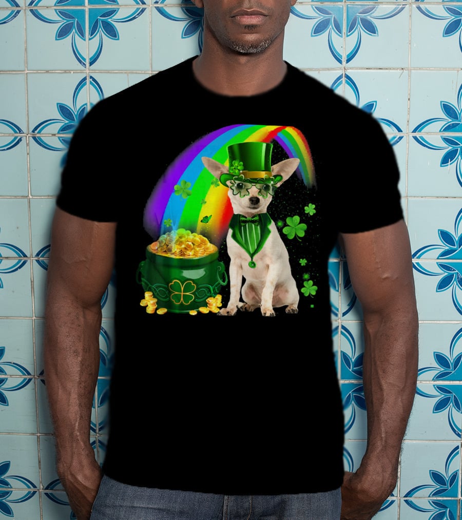 Chihuahua Irish Leprechaun With Shamrock And Rainbow Coin Pot T-Shirt