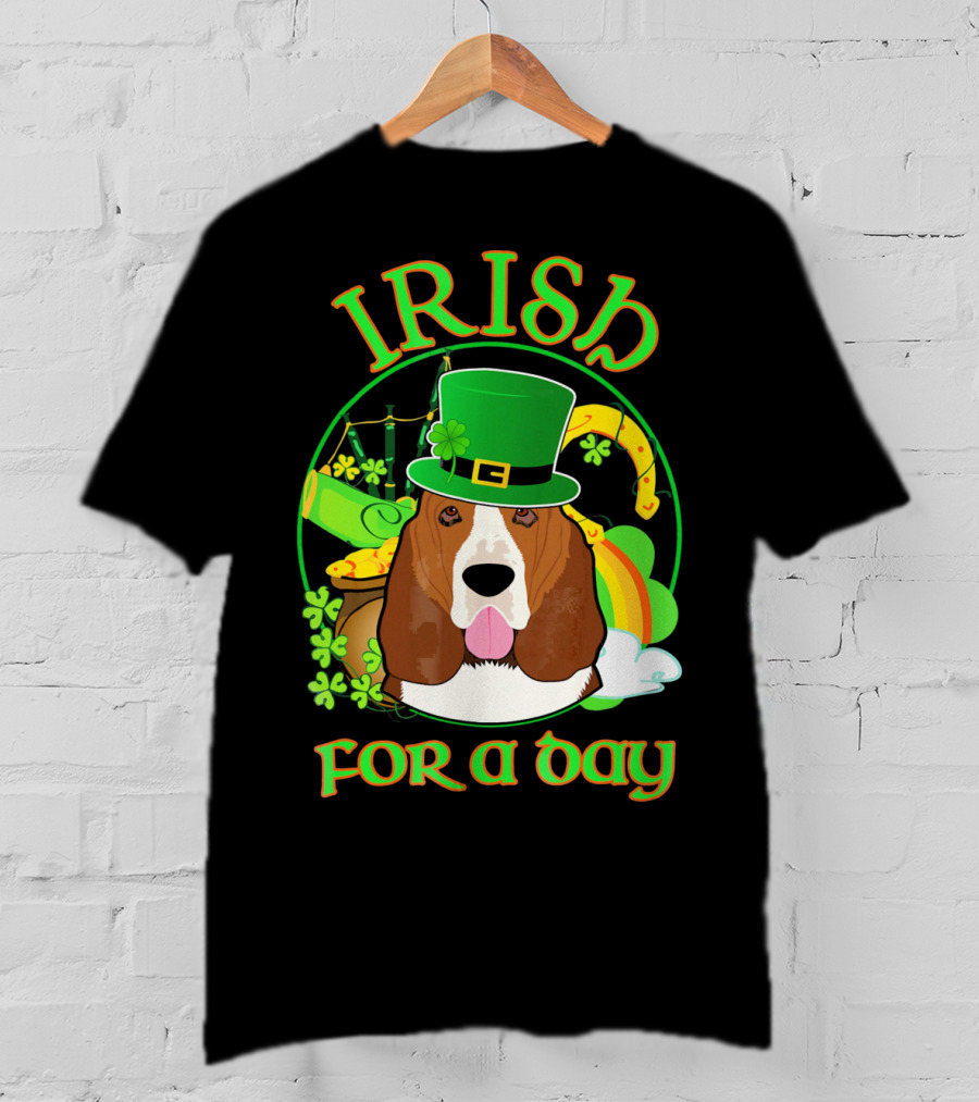 Irish For A Day Basset Hound Dog With Leprechaun Hat And Shamrocks T-Shirt