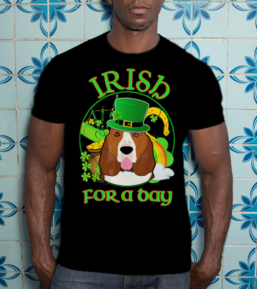 Irish For A Day Basset Hound Dog With Leprechaun Hat And Shamrocks T-Shirt