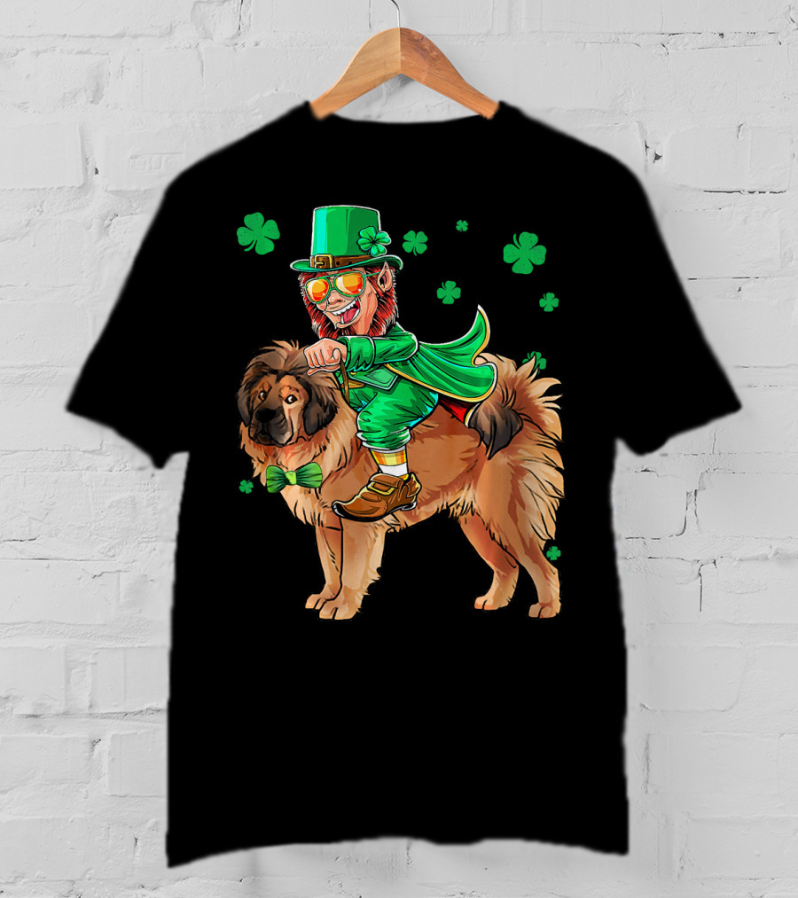 Leprechaun Riding Tibetan Mastiff With Shamrocks T-Shirt