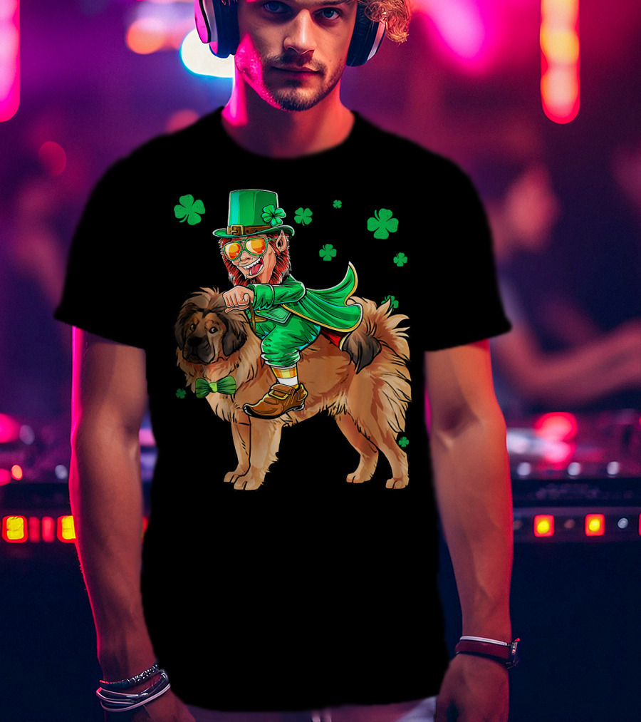 Leprechaun Riding Tibetan Mastiff With Shamrocks T-Shirt