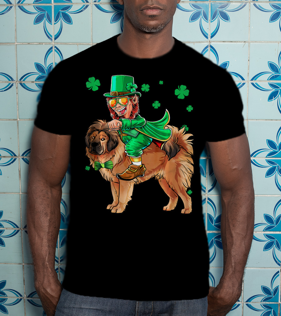 Leprechaun Riding Tibetan Mastiff With Shamrocks T-Shirt