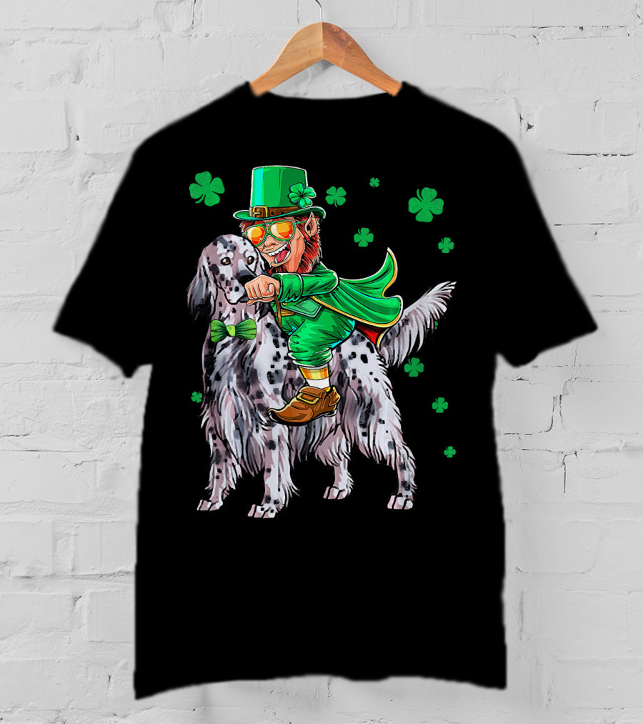 Leprechaun Riding English Setter With Shamrocks T-Shirt
