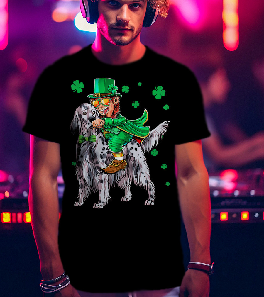 Leprechaun Riding English Setter With Shamrocks T-Shirt