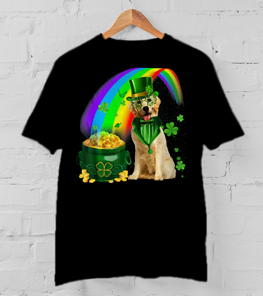 Golden Retrievers Dog Irish Leprechaun Rainbow Gold T-Shirt
