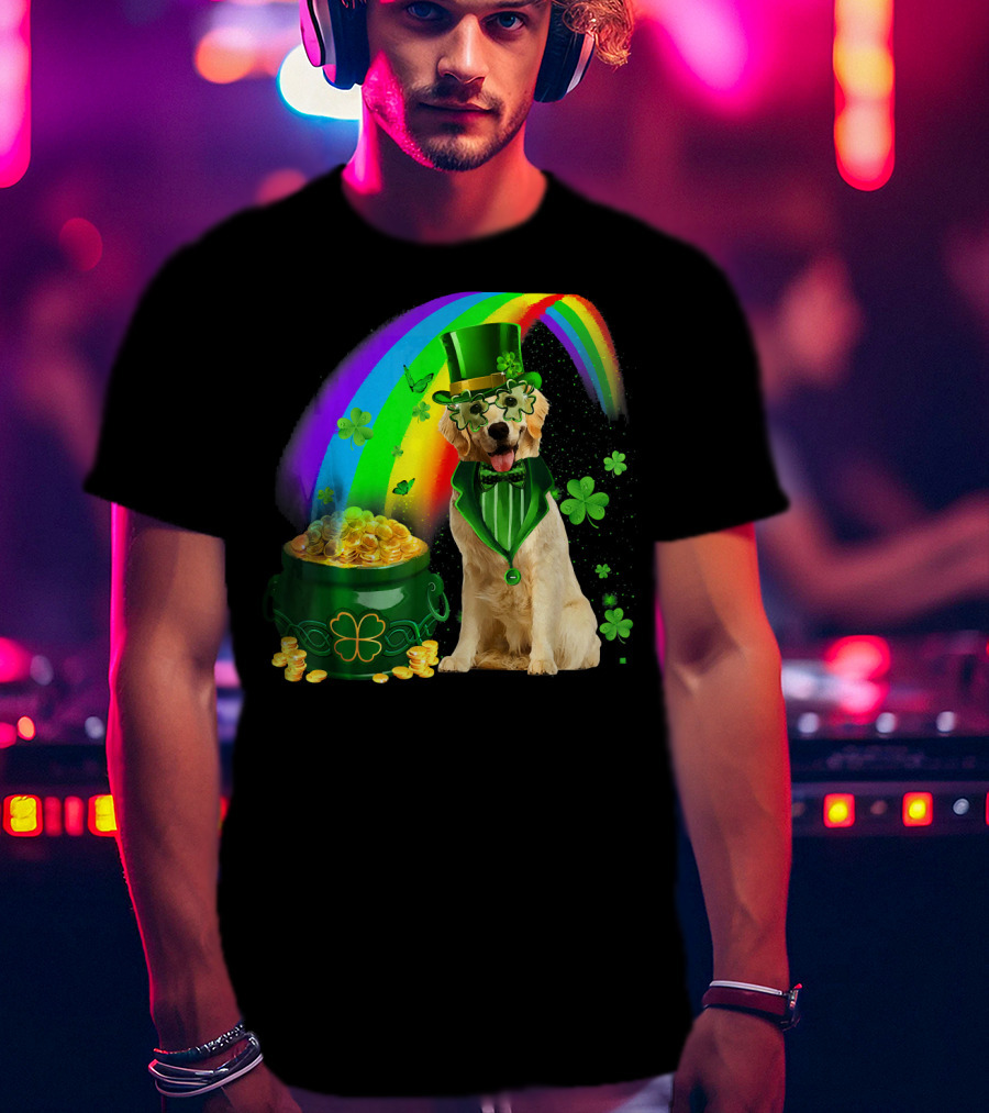 Golden Retrievers Dog Irish Leprechaun Rainbow Gold T-Shirt