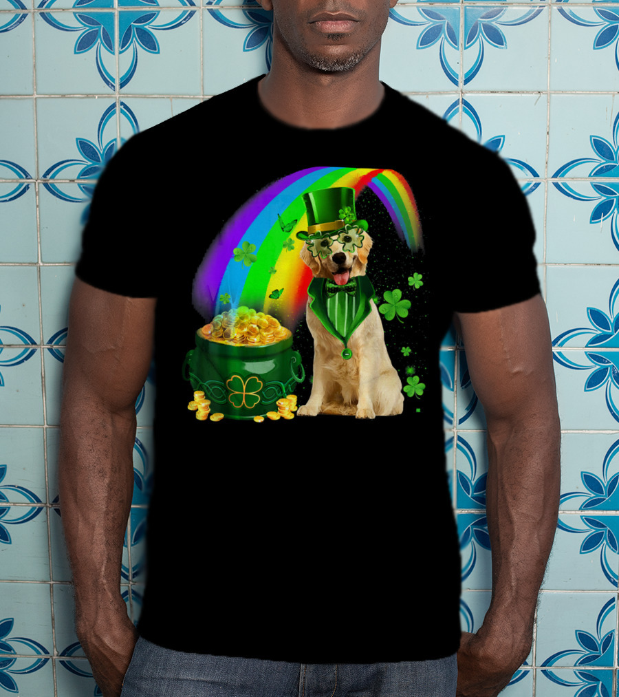 Golden Retrievers Dog Irish Leprechaun Rainbow Gold T-Shirt
