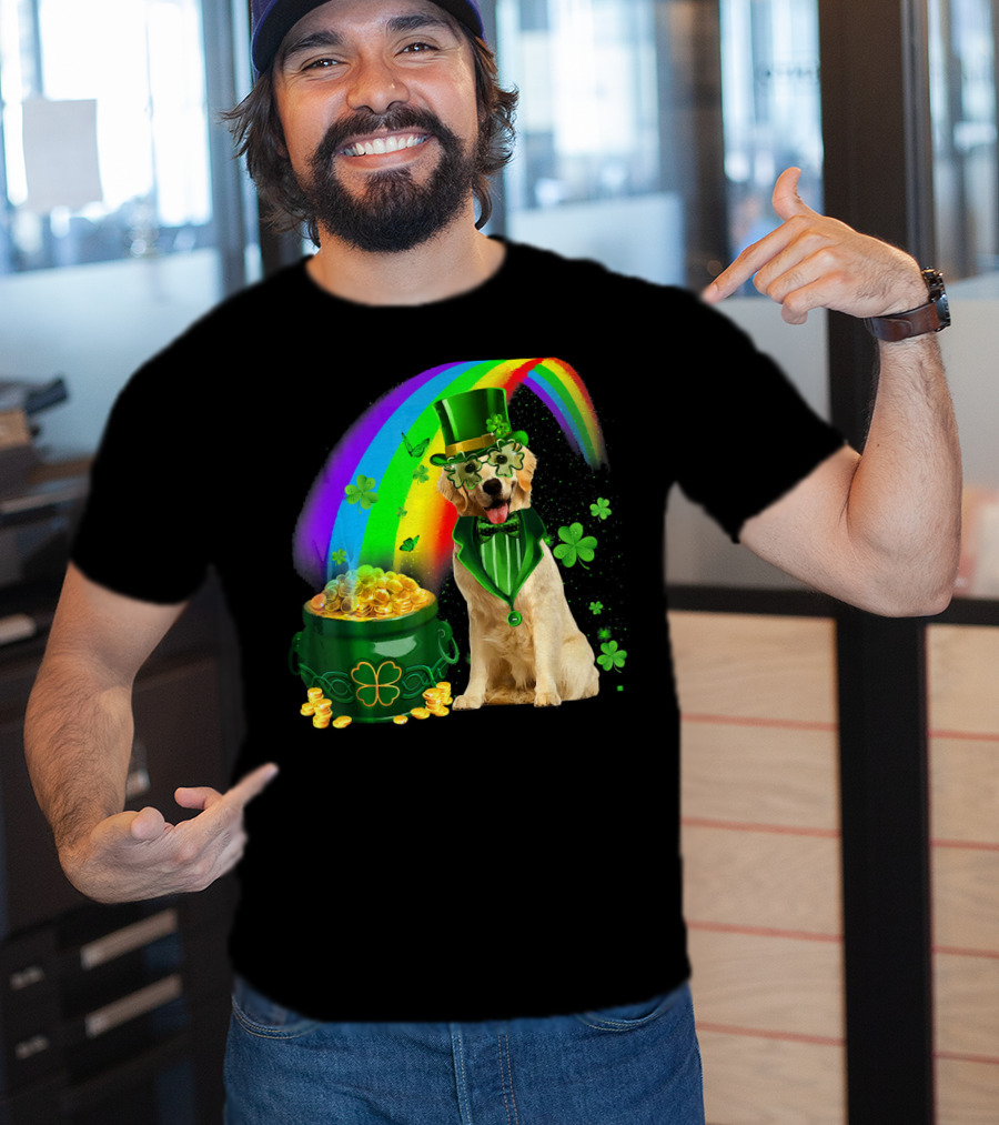 Golden Retrievers Dog Irish Leprechaun Rainbow Gold T-Shirt
