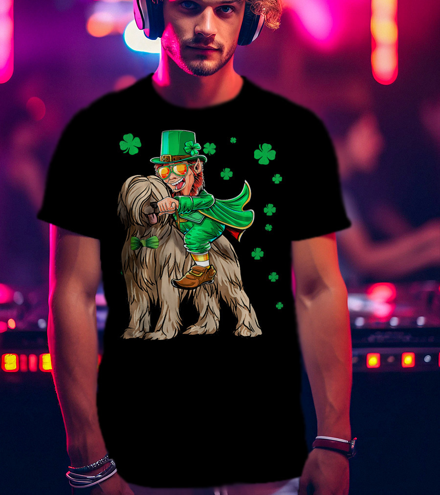 Leprechaun With Briard Surrounded By Shamrocks For St. Patrick's Day T-Shirt