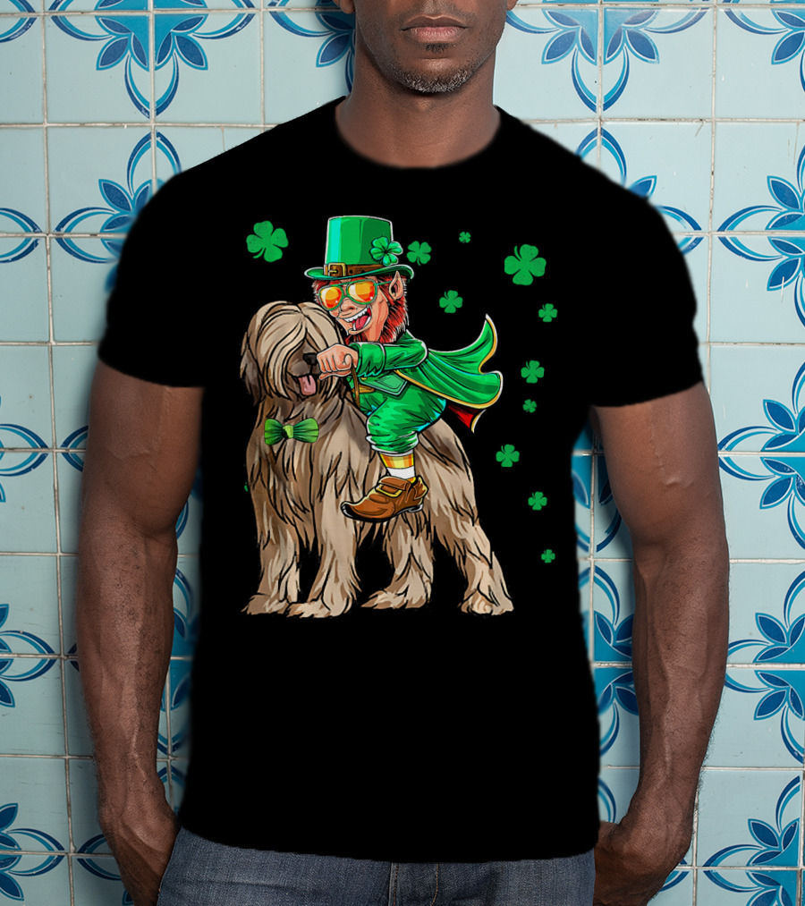 Leprechaun With Briard Surrounded By Shamrocks For St. Patrick's Day T-Shirt