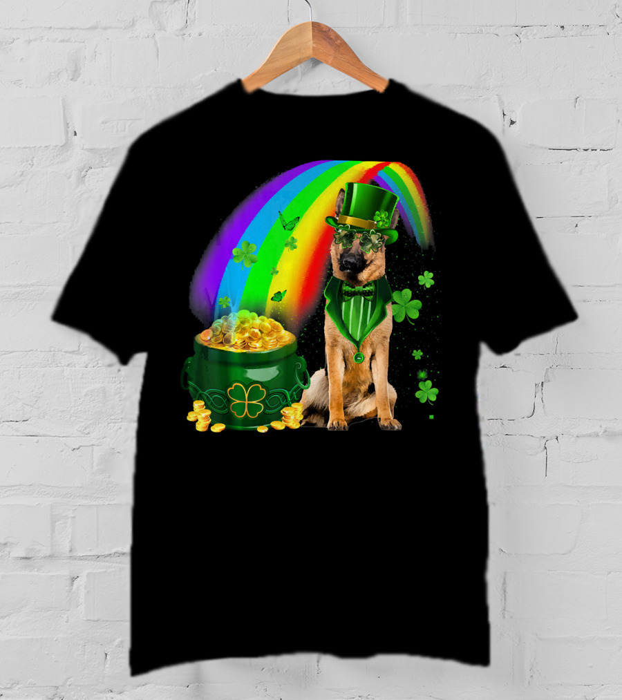 German Shepherd Irish Leprechaun Rainbow Pot Of Gold Shamrock T-Shirt