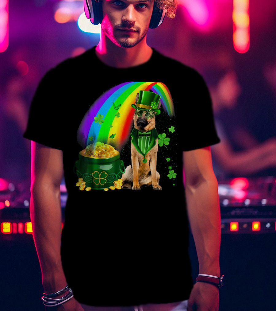 German Shepherd Irish Leprechaun Rainbow Pot Of Gold Shamrock T-Shirt