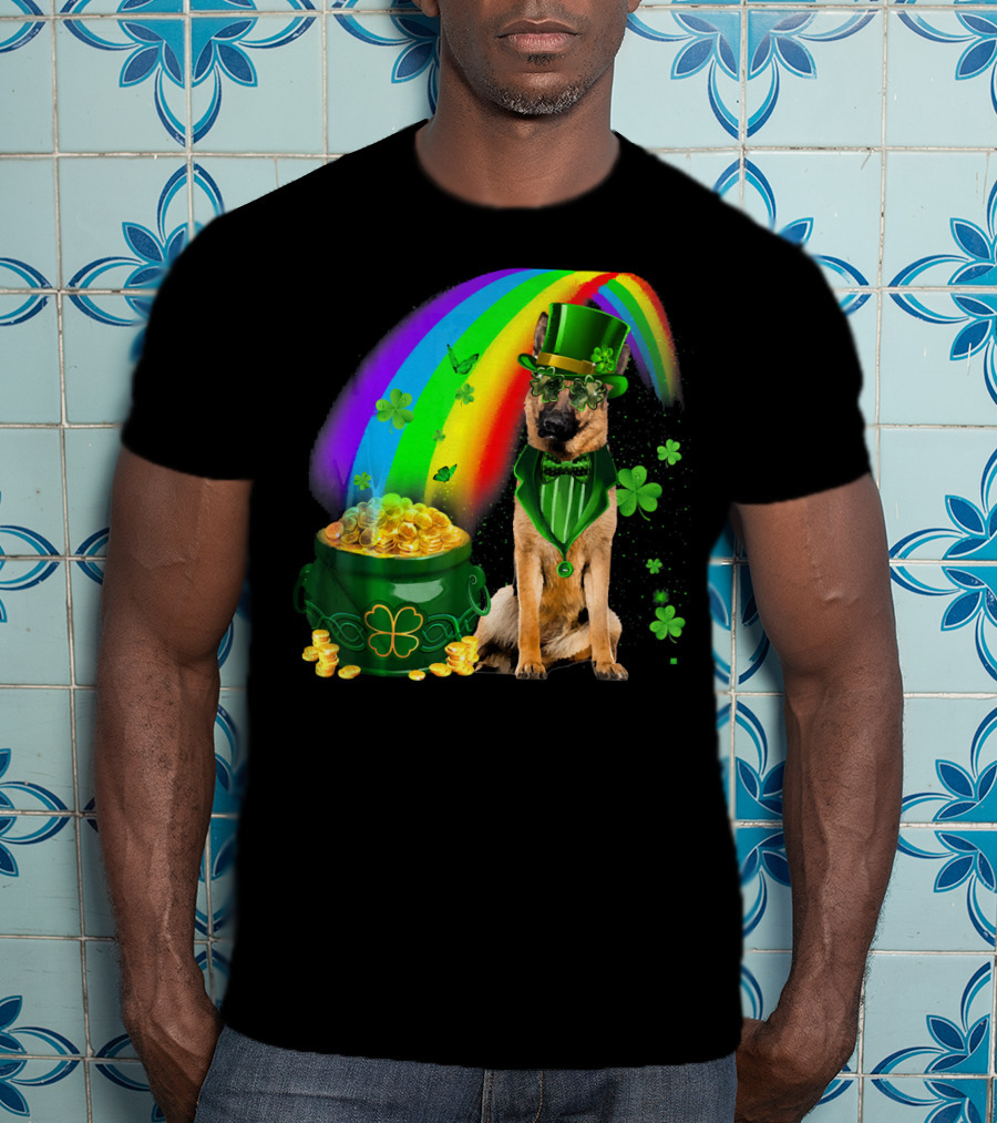 German Shepherd Irish Leprechaun Rainbow Pot Of Gold Shamrock T-Shirt