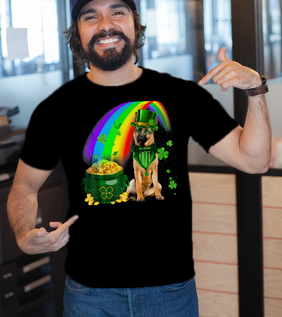 German Shepherd Irish Leprechaun Rainbow Pot Of Gold Shamrock T-Shirt