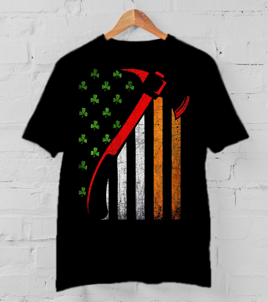 Firefighter Irish American Flag St Patrick's Day Axe Shamrock T-Shirt
