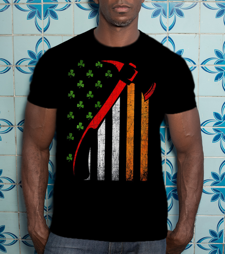 Firefighter Irish American Flag St Patrick's Day Axe Shamrock T-Shirt
