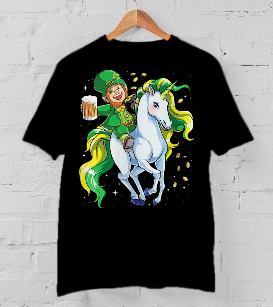 Leprechaun Riding Unicorn With Beer And Coins T-Shirt
