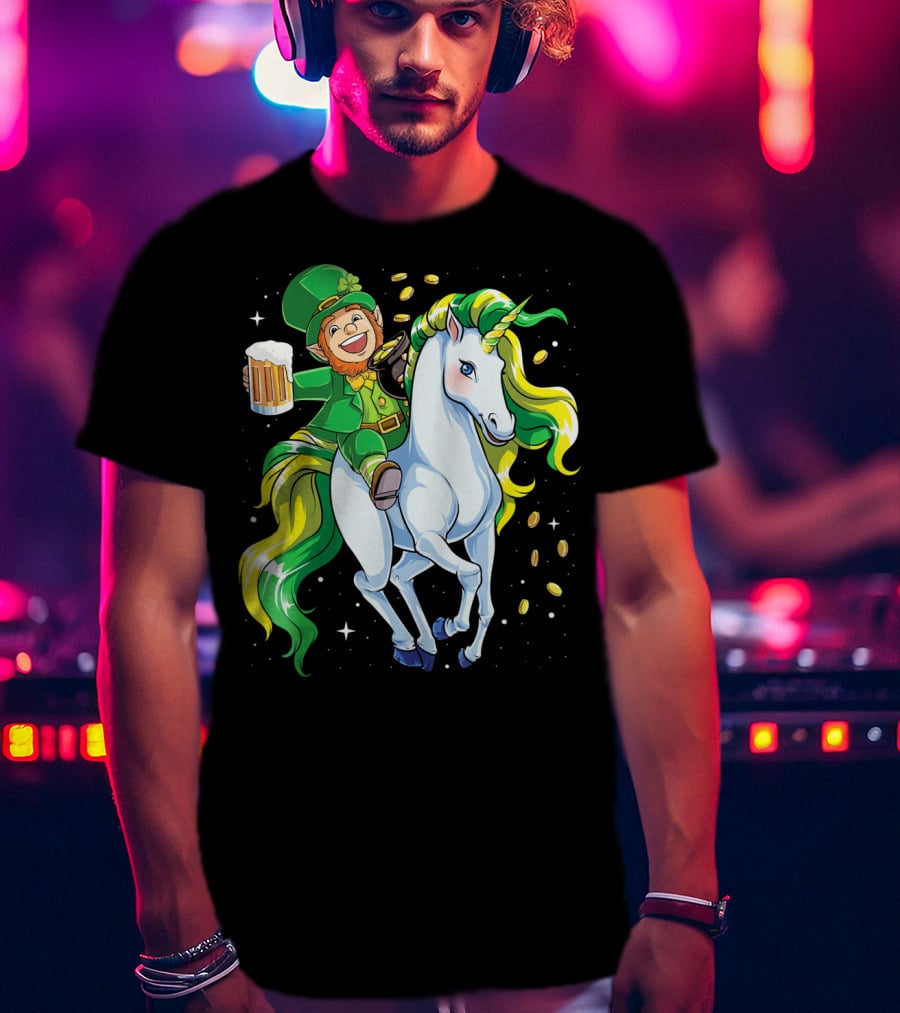 Leprechaun Riding Unicorn With Beer And Coins T-Shirt