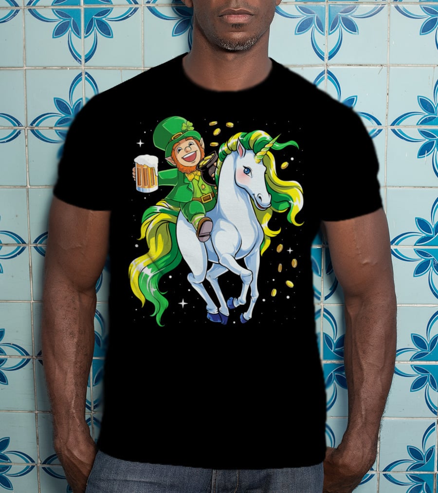 Leprechaun Riding Unicorn With Beer And Coins T-Shirt