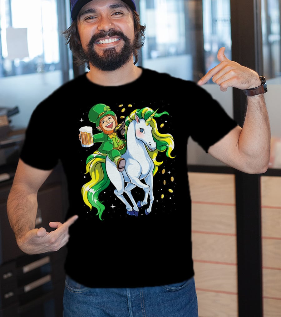 Leprechaun Riding Unicorn With Beer And Coins T-Shirt