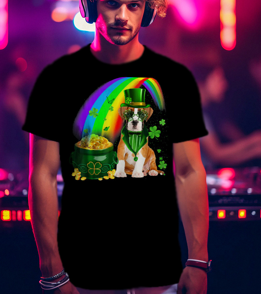 Boxer Dog Irish Leprechaun Coin Rainbow Clover Saint Patrick's Day T-Shirt