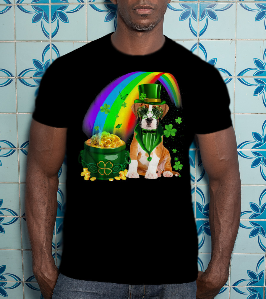 Boxer Dog Irish Leprechaun Coin Rainbow Clover Saint Patrick's Day T-Shirt