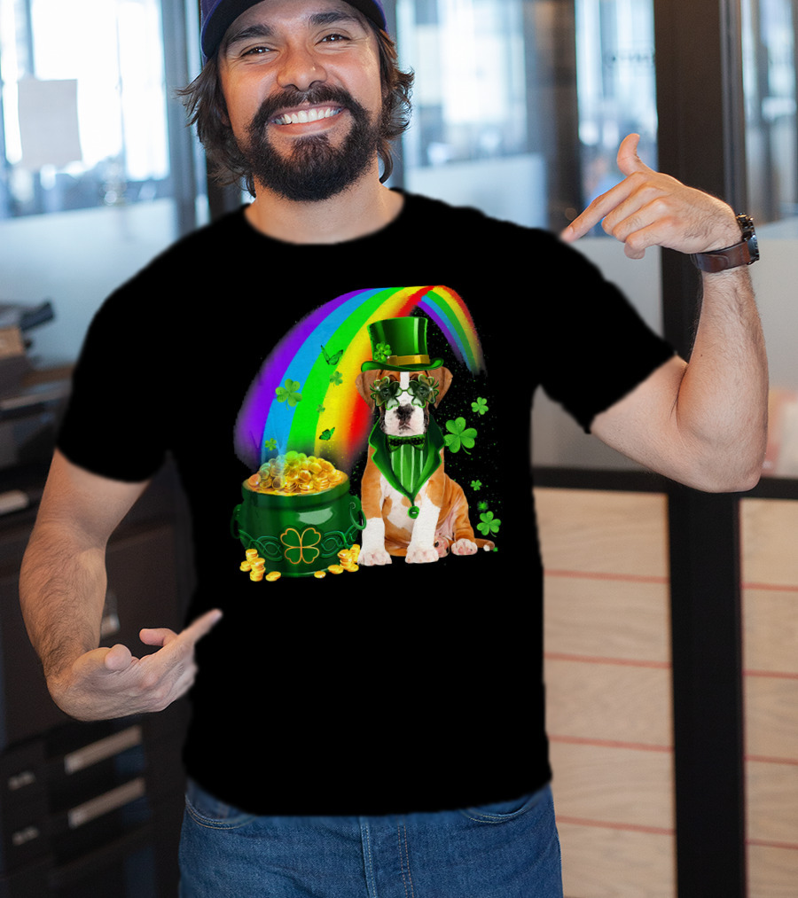 Boxer Dog Irish Leprechaun Coin Rainbow Clover Saint Patrick's Day T-Shirt