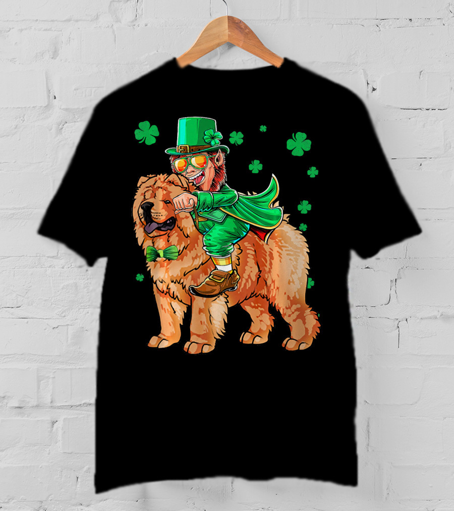 Leprechaun Riding Chow Chow With Shamrocks St. Patrick's Day T-Shirt