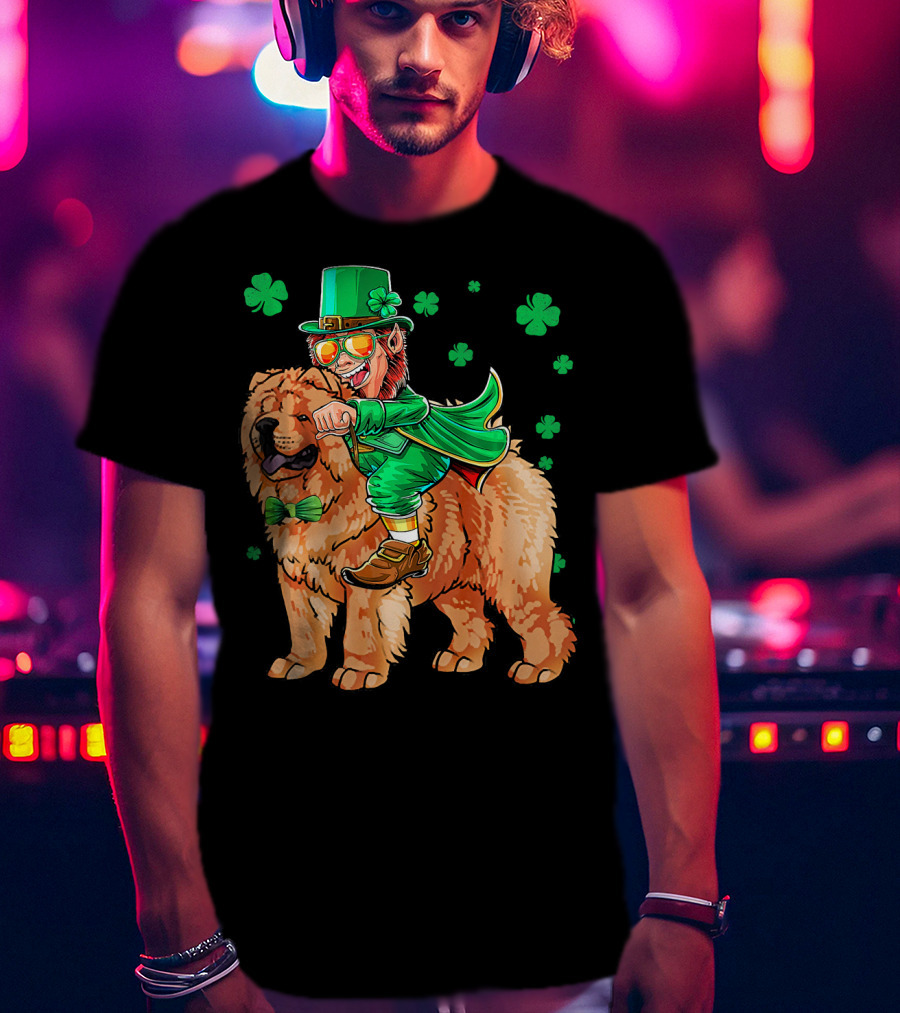 Leprechaun Riding Chow Chow With Shamrocks St. Patrick's Day T-Shirt