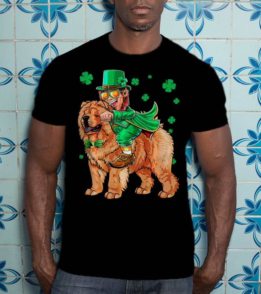Leprechaun Riding Chow Chow With Shamrocks St. Patrick's Day T-Shirt