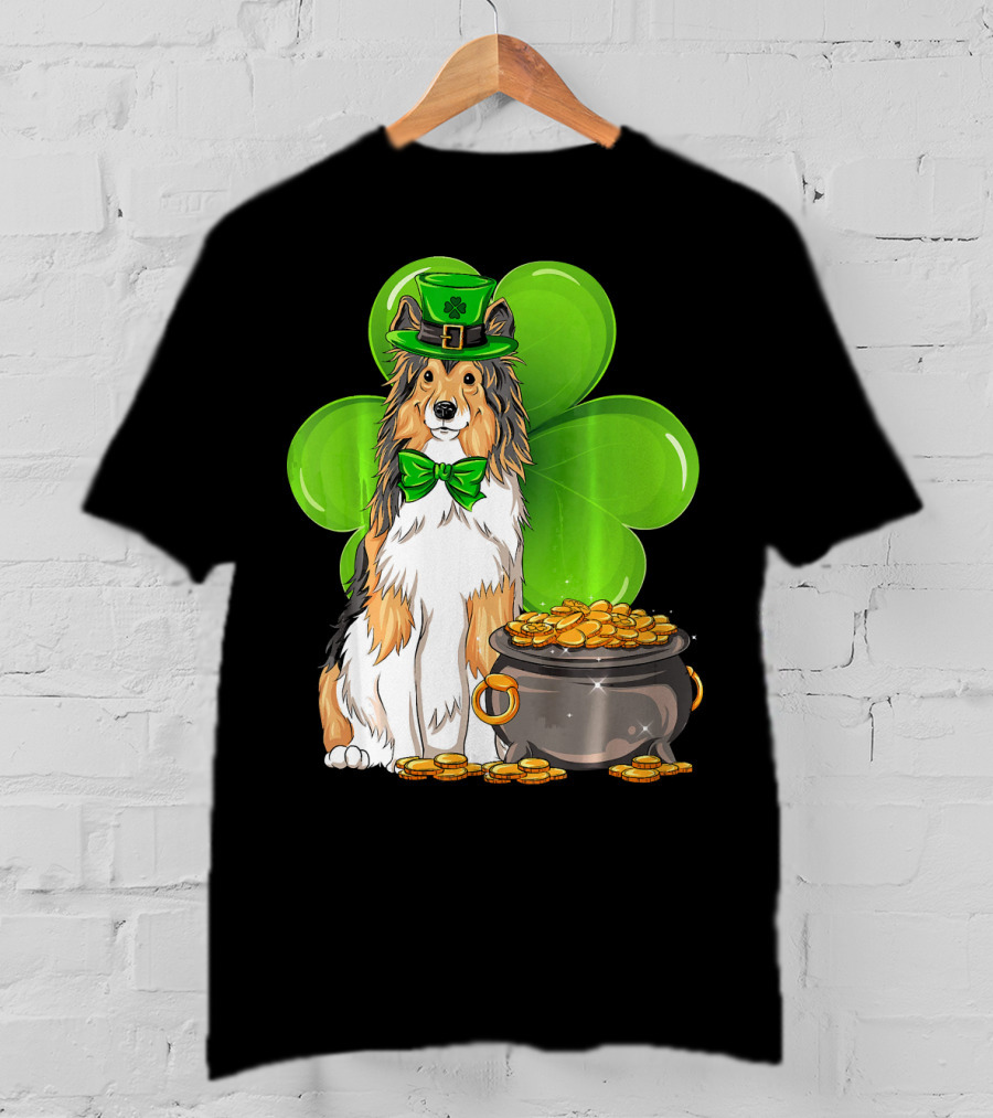 Shetland Sheepdog St Patricks Day Leprechaun Clover And Pot Of Gold T-Shirt