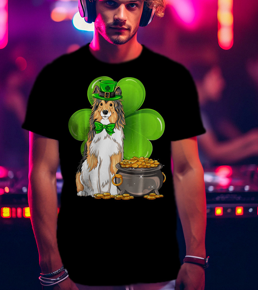 Shetland Sheepdog St Patricks Day Leprechaun Clover And Pot Of Gold T-Shirt