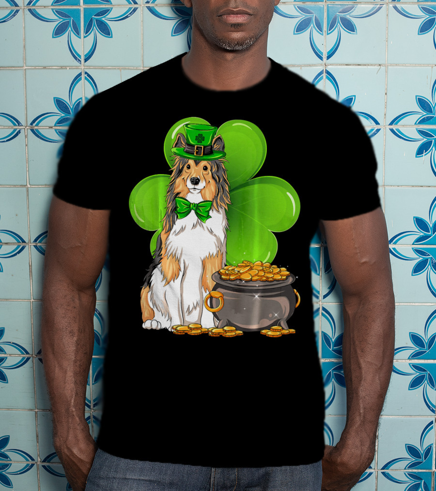 Shetland Sheepdog St Patricks Day Leprechaun Clover And Pot Of Gold T-Shirt