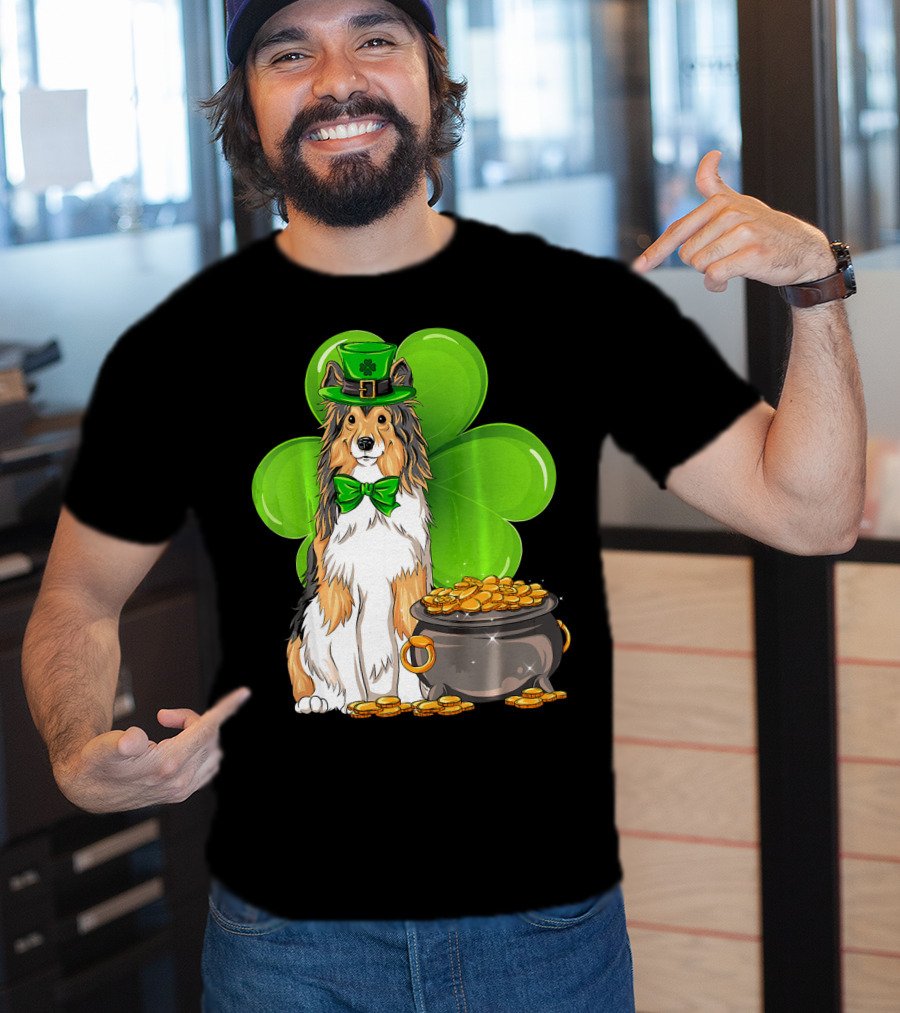 Shetland Sheepdog St Patricks Day Leprechaun Clover And Pot Of Gold T-Shirt
