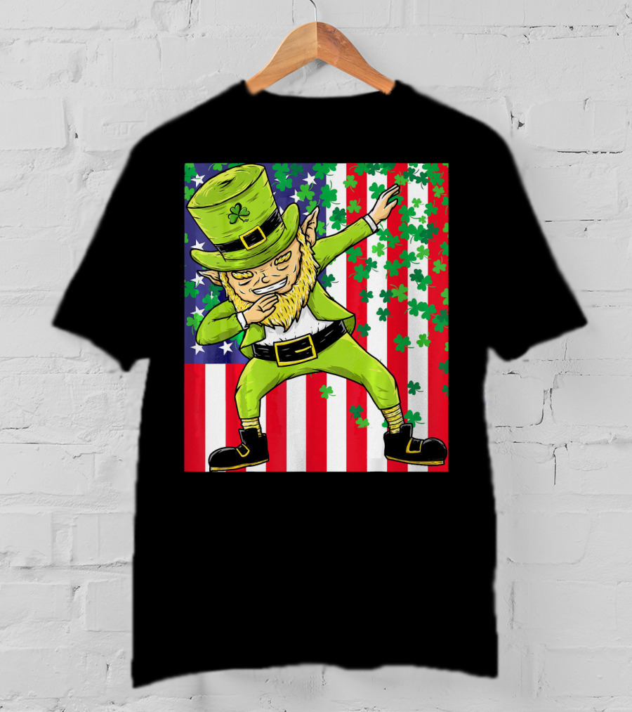 American Flag Dabbing Leprechaun St Patrick's Day Shamrocks T-Shirt