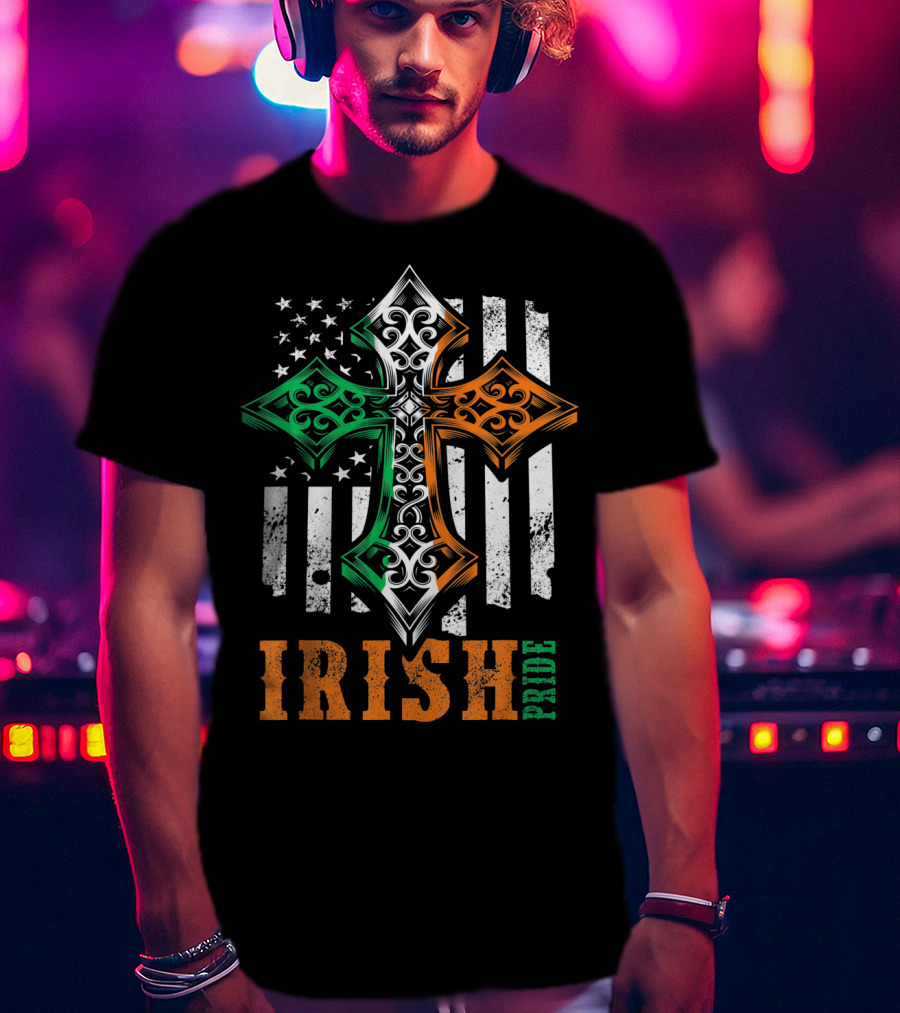 Irish Pride Celtic Cross American Flag Colors T-Shirt