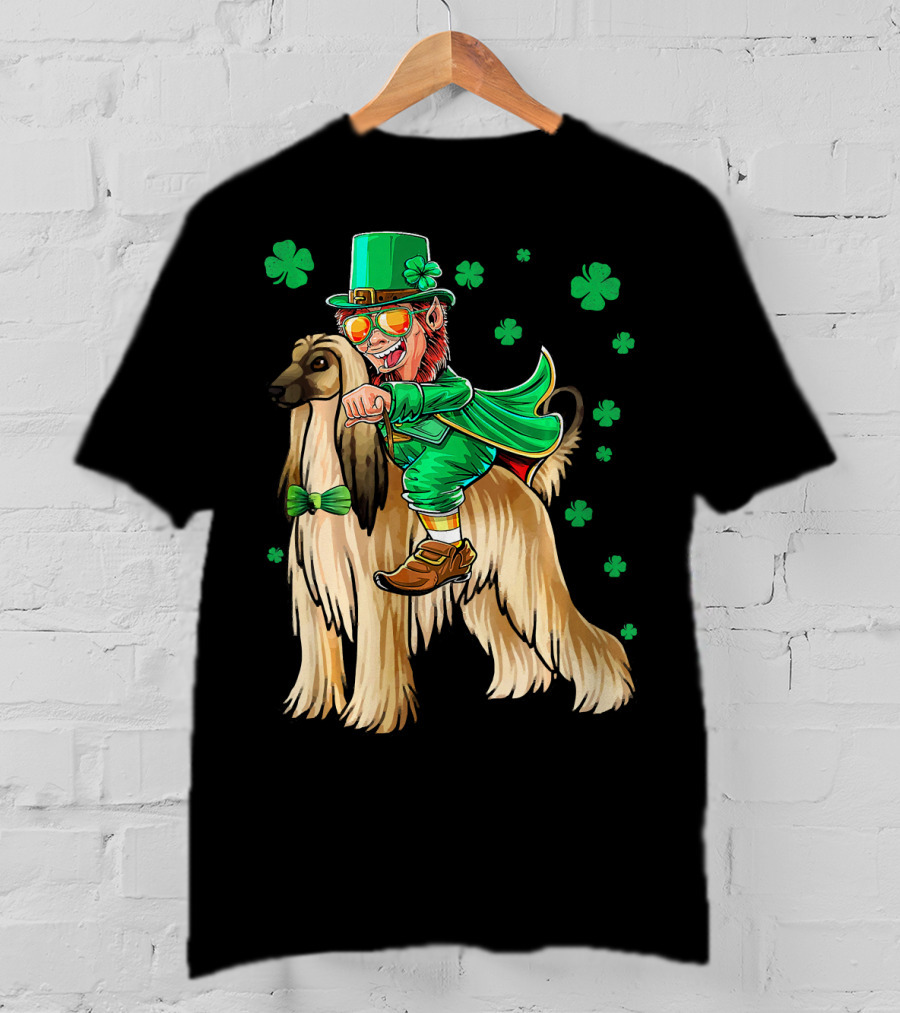 Leprechaun Riding Afghan Hound With Shamrocks St. Patrick's Day T-Shirt