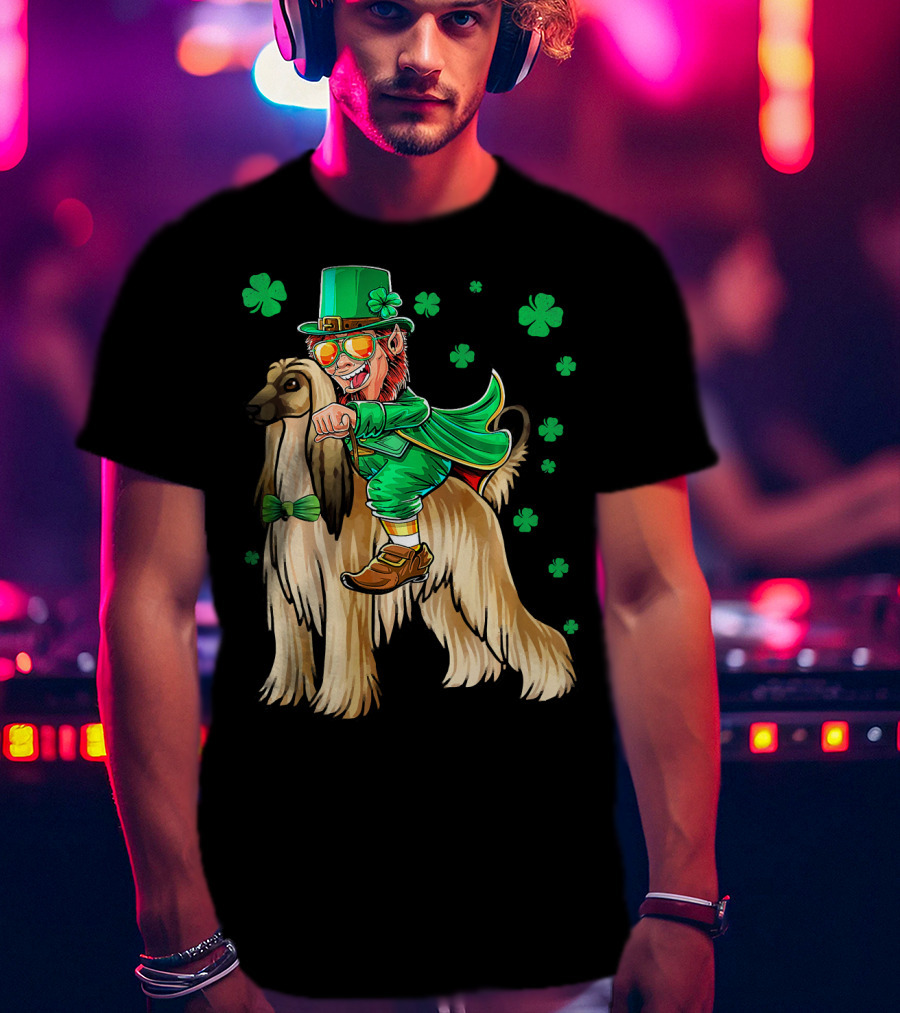 Leprechaun Riding Afghan Hound With Shamrocks St. Patrick's Day T-Shirt