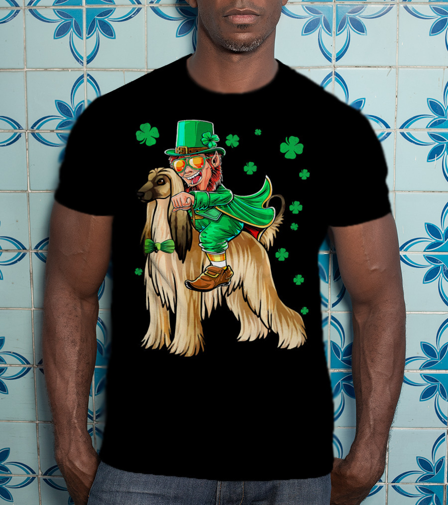 Leprechaun Riding Afghan Hound With Shamrocks St. Patrick's Day T-Shirt